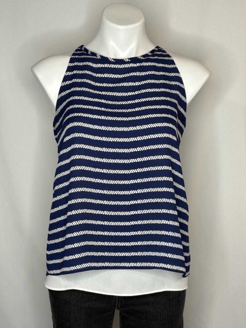 St. Tropez Navy & White Striped Sleeveless Halter Tank Top, XS, Back Zip Detail